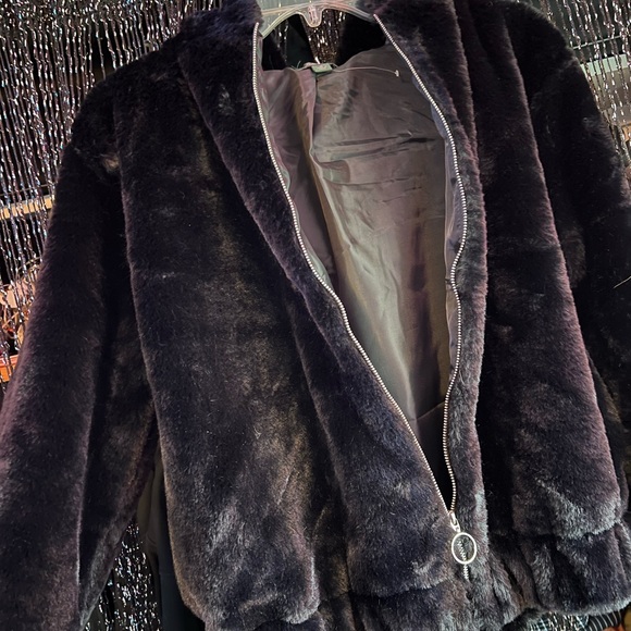 Wild Fable (Target) Black Faux Fur Hooded Zip Up - Picture 4 of 5